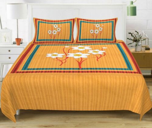 100% Cotton Floral Double Bedsheet (Yellow)