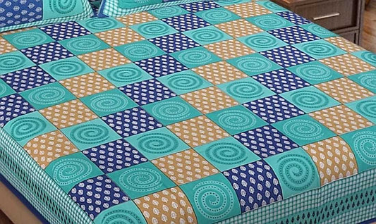 100% Cotton Printed Double Bedsheet (Blue)