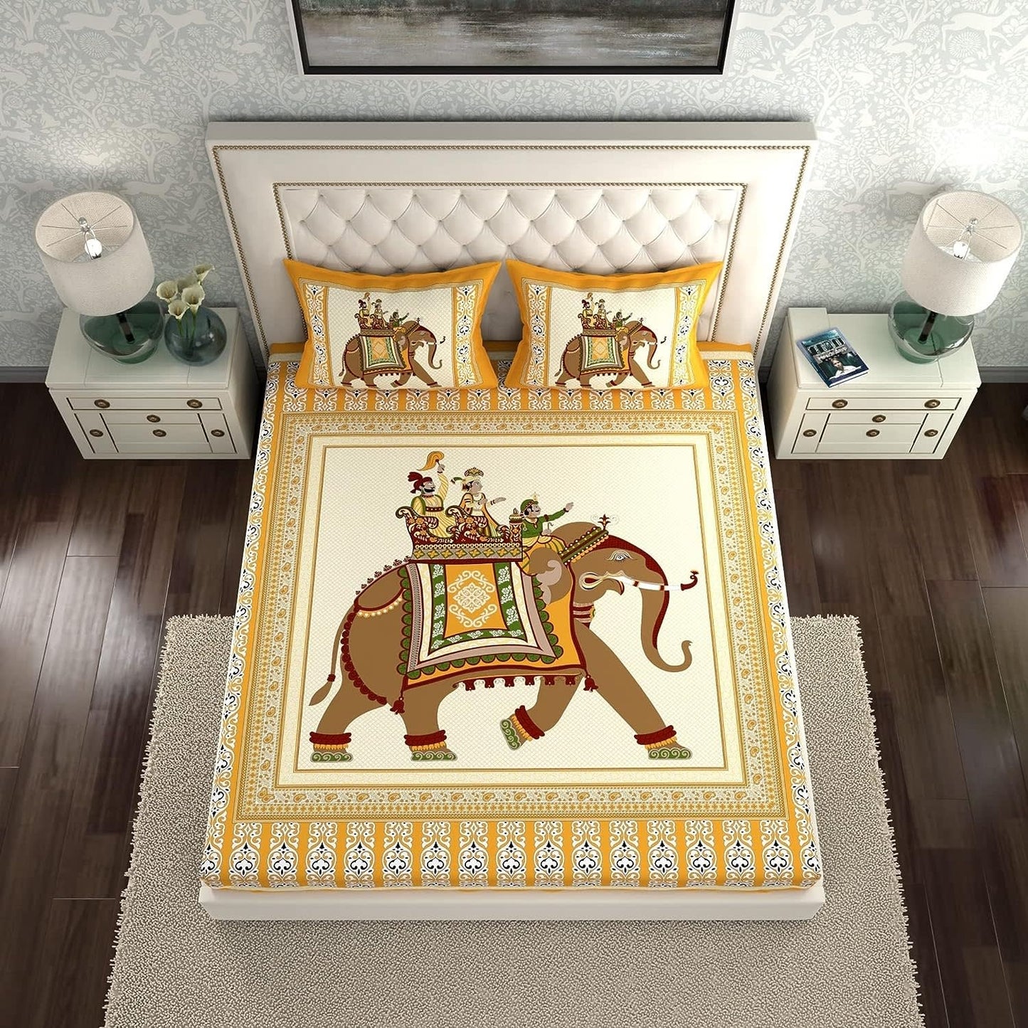 Rajasthani Jaipuri Traditional Double Bedsheet with 2 Pillow Covers - ( Yellow)