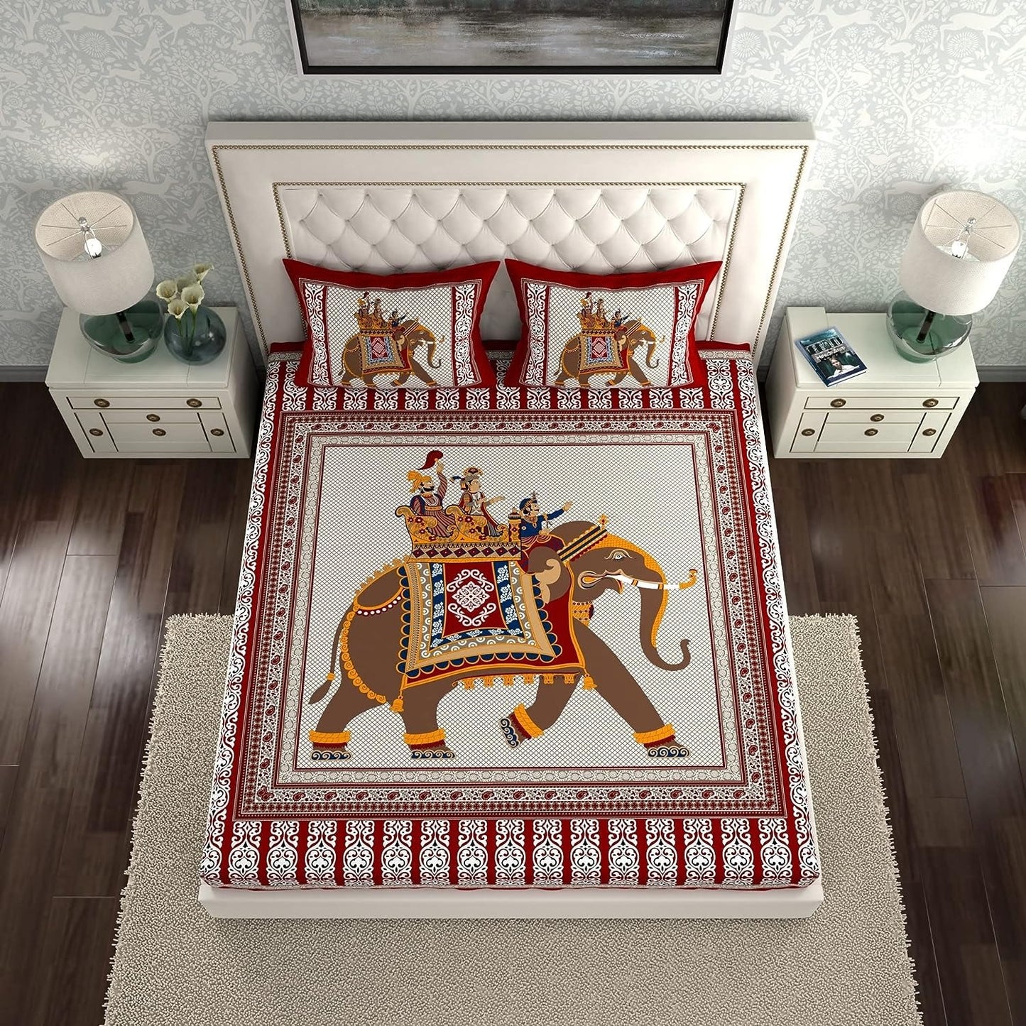 Rajasthani Jaipuri Traditional Double Bed Bedsheet with 2 Pillow Covers - ( Red)