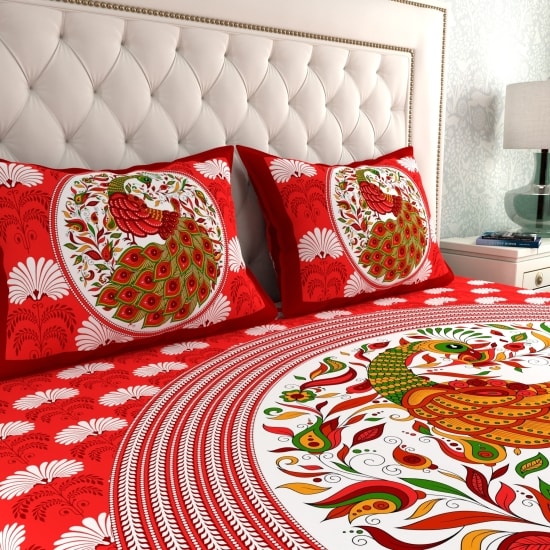 Rajasthani Jaipuri Traditional Double Bed Bedsheet with 2 Pillow Covers - ( Red)
