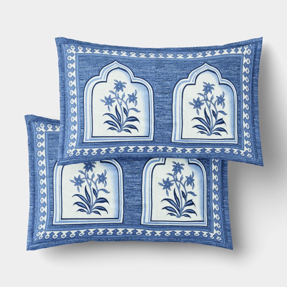 Cotton Floral Jaipuri Printed Double Bedsheet with 2 Pillow Covers, Blue