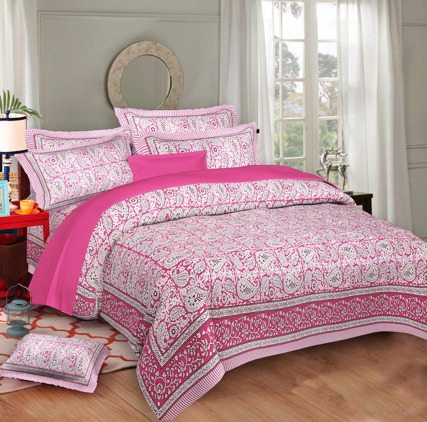 Cotton King Jaipuri Prints Flat Bedsheet (Pack of 1, Multicolor)