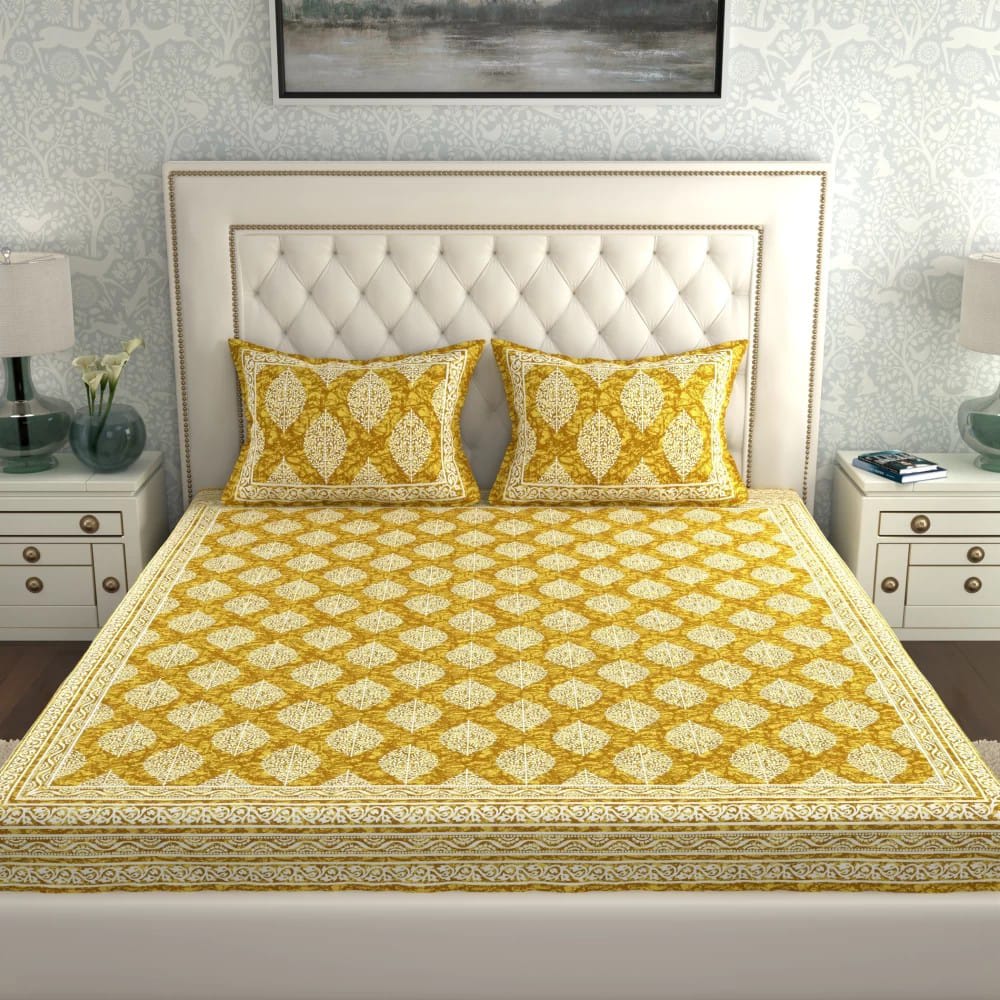 Cotton Double Bedsheet with 2 Pillow Covers - Yellow