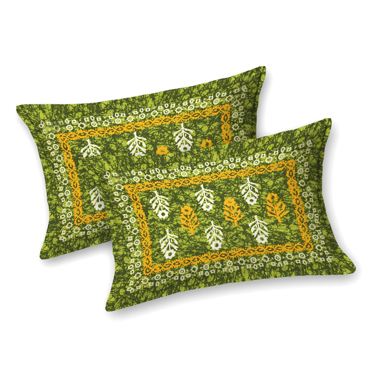 Motif Printed Jaipuri Cotton Double Bedsheet with 2 Pillow Covers (Green)