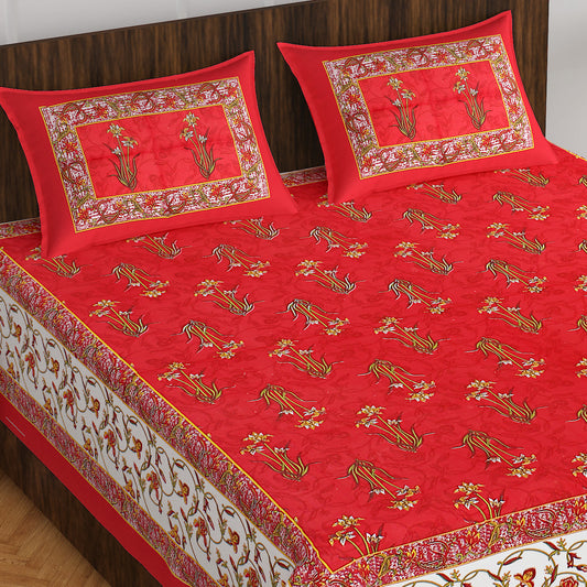 100% Cotton Printed Double Bedsheet (Red)
