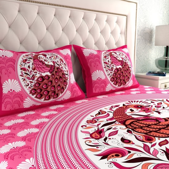 Rajasthani Jaipuri Traditional Double Bed Bedsheet with 2 Pillow Covers - ( Pink)