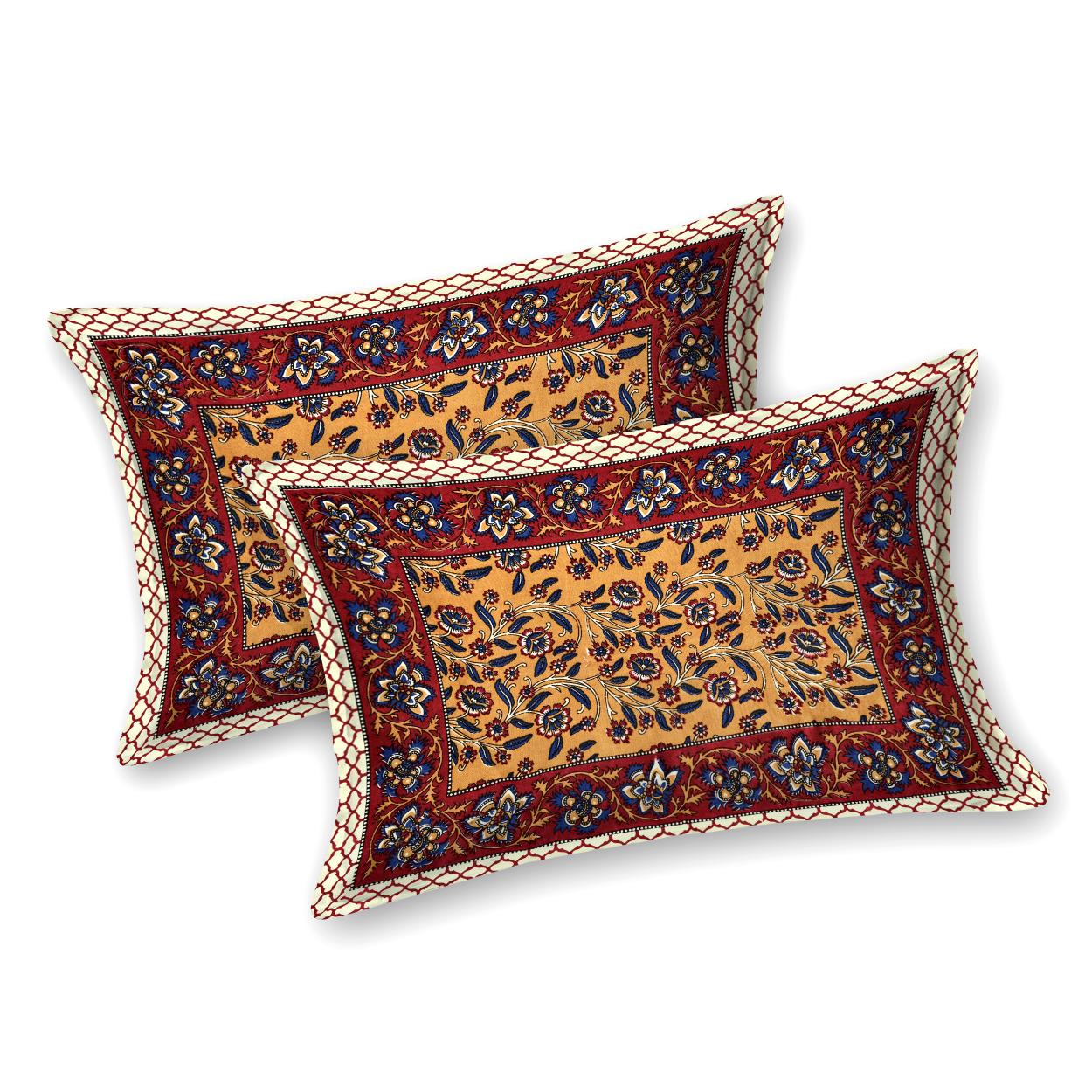 Rajasthani Cotton King Size Printed Flat Bedsheet 90*108 With 2 Zipper Pillow Cover