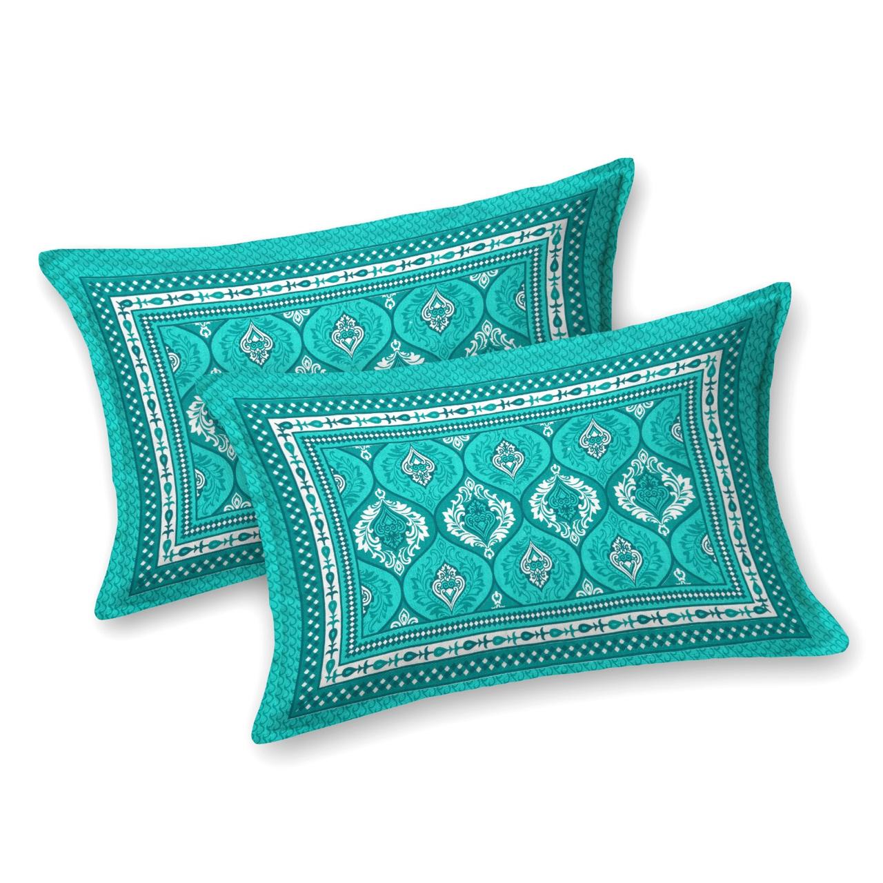 Rajasthani Print Cotton Double Bedsheet with 2 Pillow Covers (Pack of 1, Sea Green )