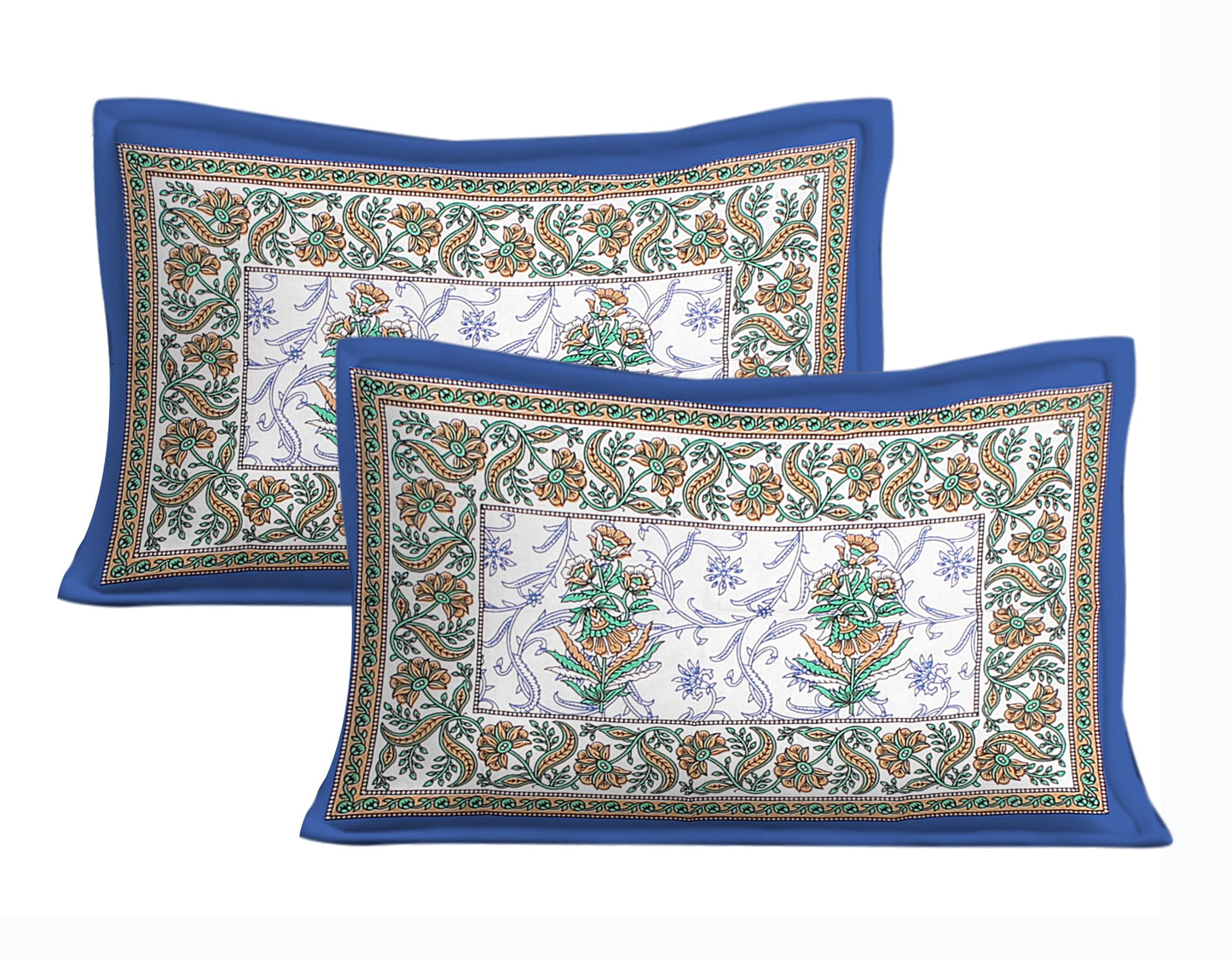 White & Blue Floral Cotton Double Bedsheet With 2 Pillow Covers