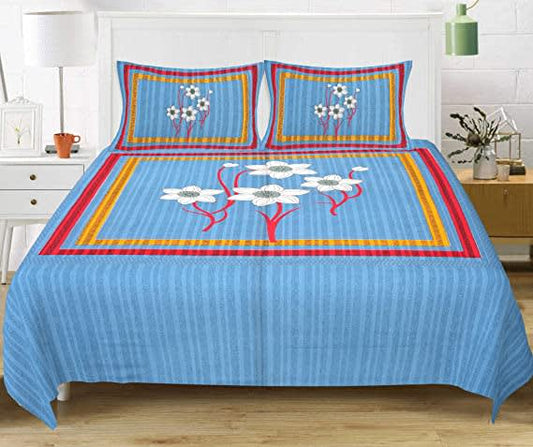100% Cotton Printed Double Bedsheet (Blue)