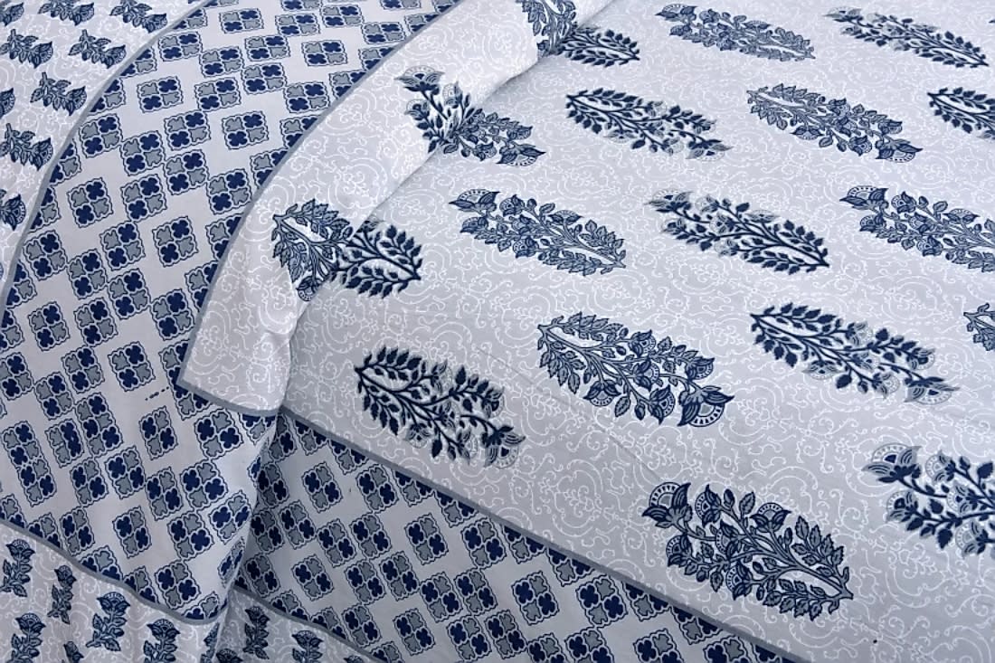 Jaipuri Prints Cotton Double Bedsheet (Grey , Blue)