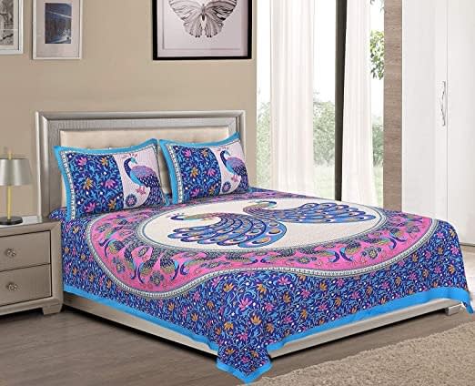 100% Cotton Printed Double Bedsheet (Blue)
