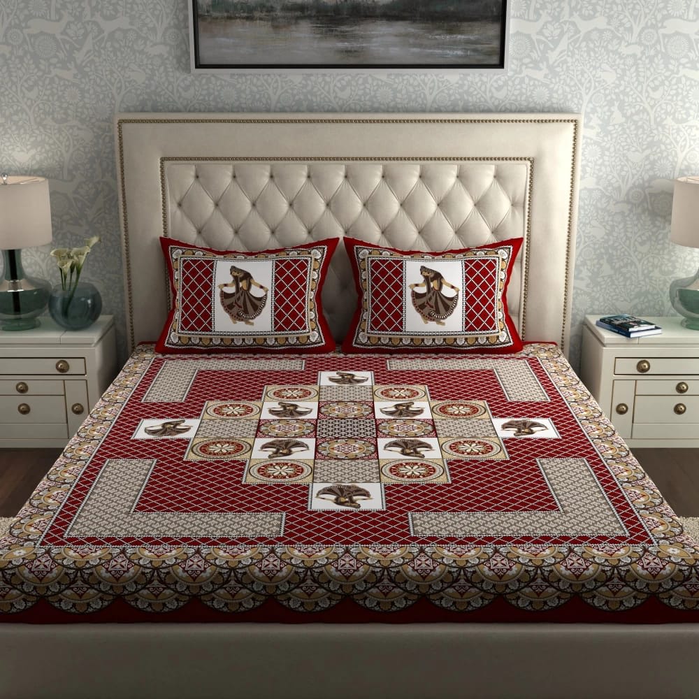 Rajasthani Jaipuri Traditional Double Bed Bedsheet with 2 Pillow Covers -(Red)