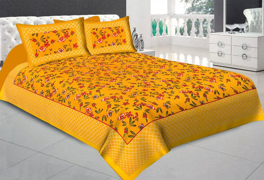 100% Cotton Floral Double Bedsheet (Yellow)