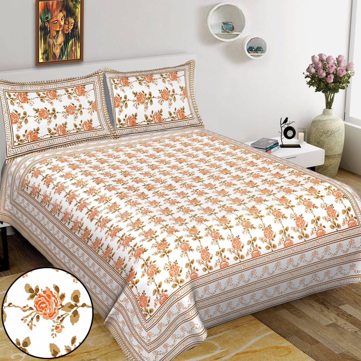 100% Cotton King Jaipuri Prints Flat Bedsheet (Pack of 1, Multicolor)