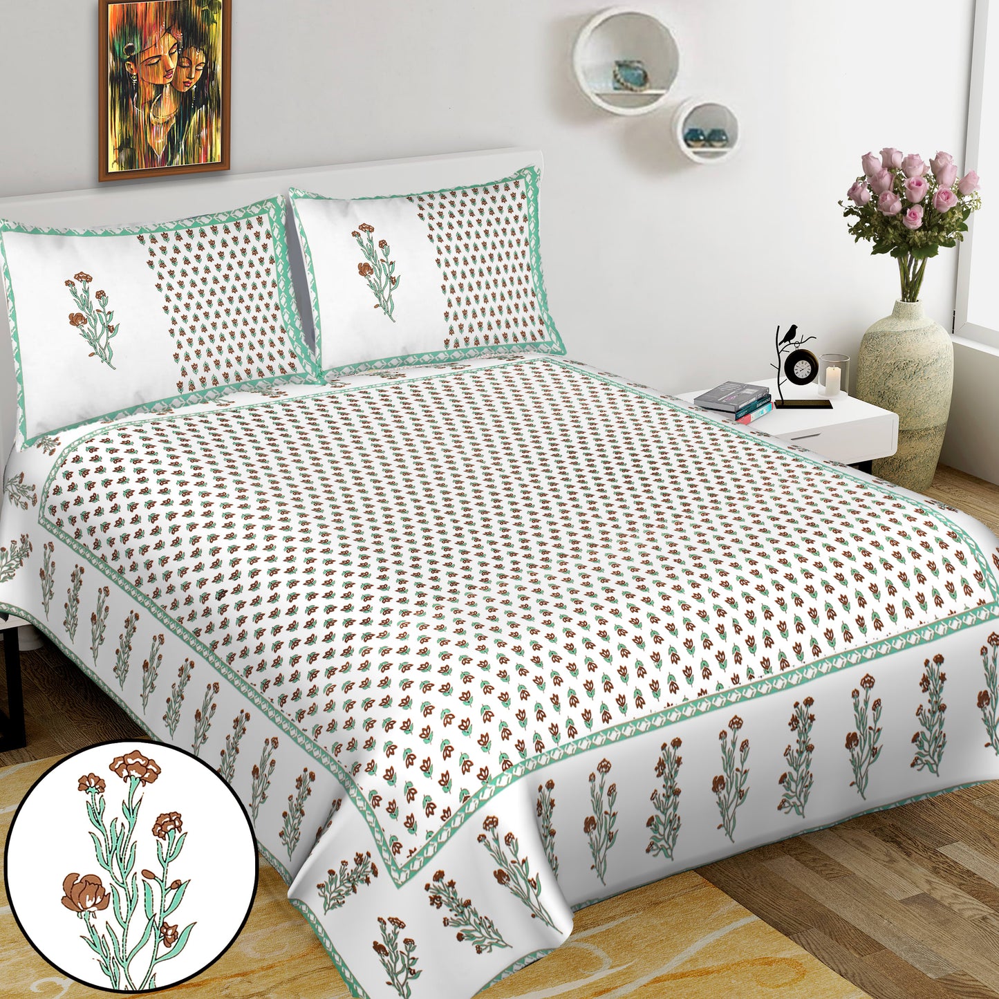 100% Cotton King Jaipuri Prints Flat Bedsheet (Pack of 1, Multicolor)