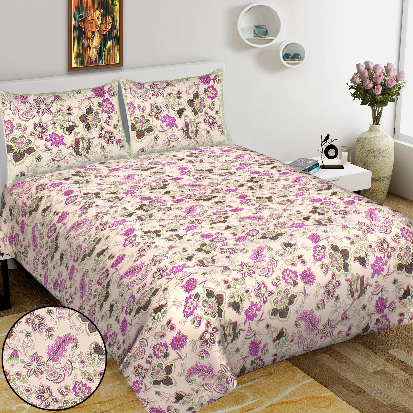 100% Cotton King Jaipuri Prints Flat Bedsheet (Pack of 1, Pruple)