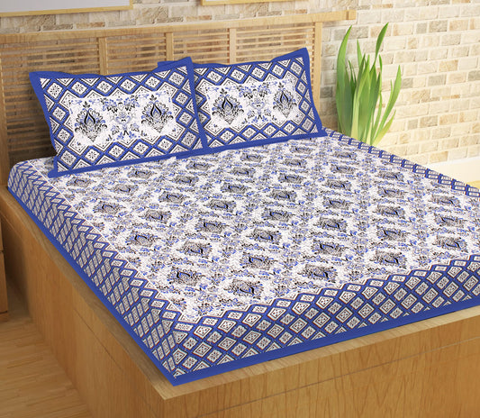 100% Cotton Printed Double Bedsheet (Blue)