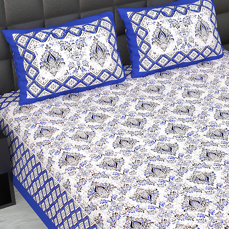 Cotton Printed Double Bedsheet (Blue)