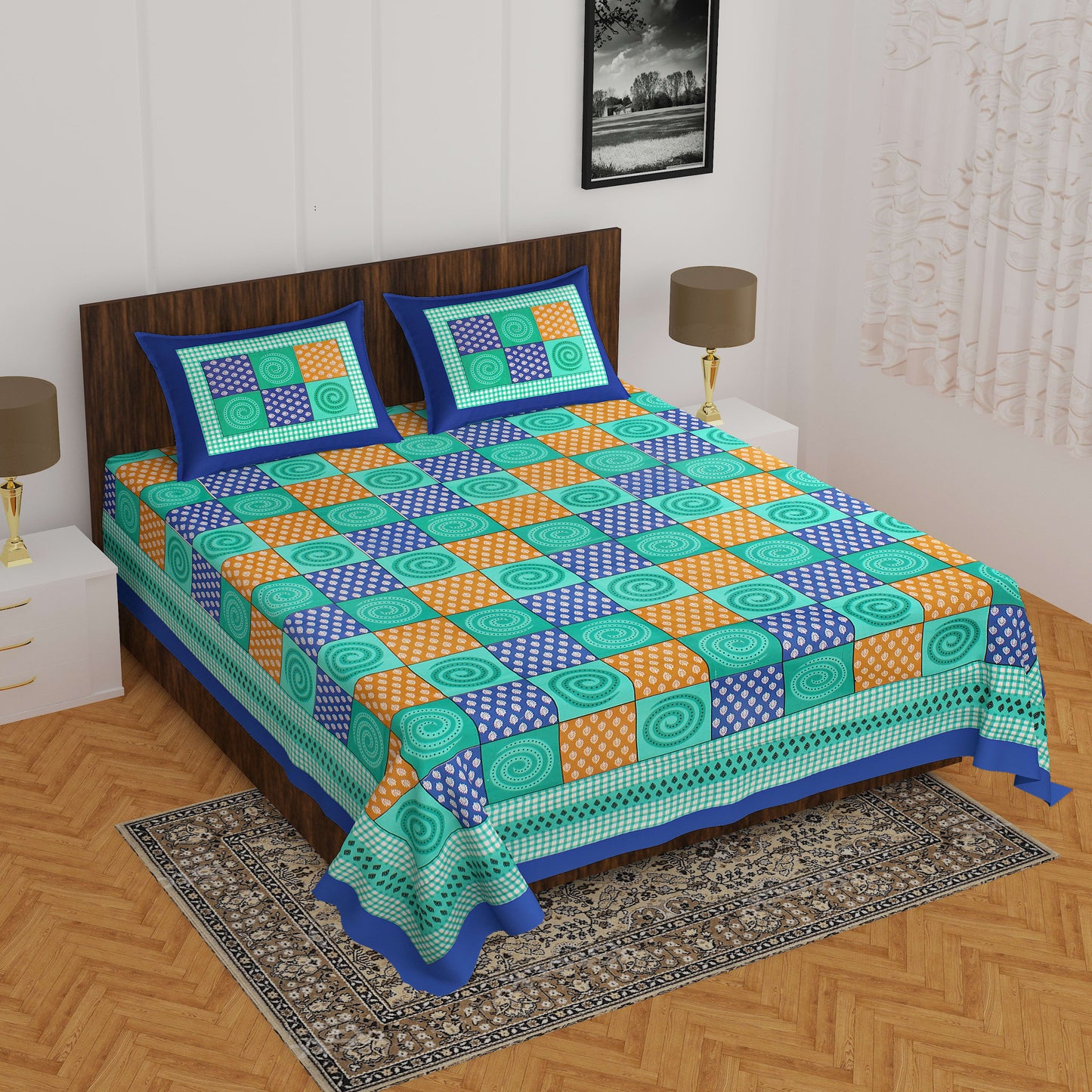 100% Cotton Printed Double Bedsheet (Blue)