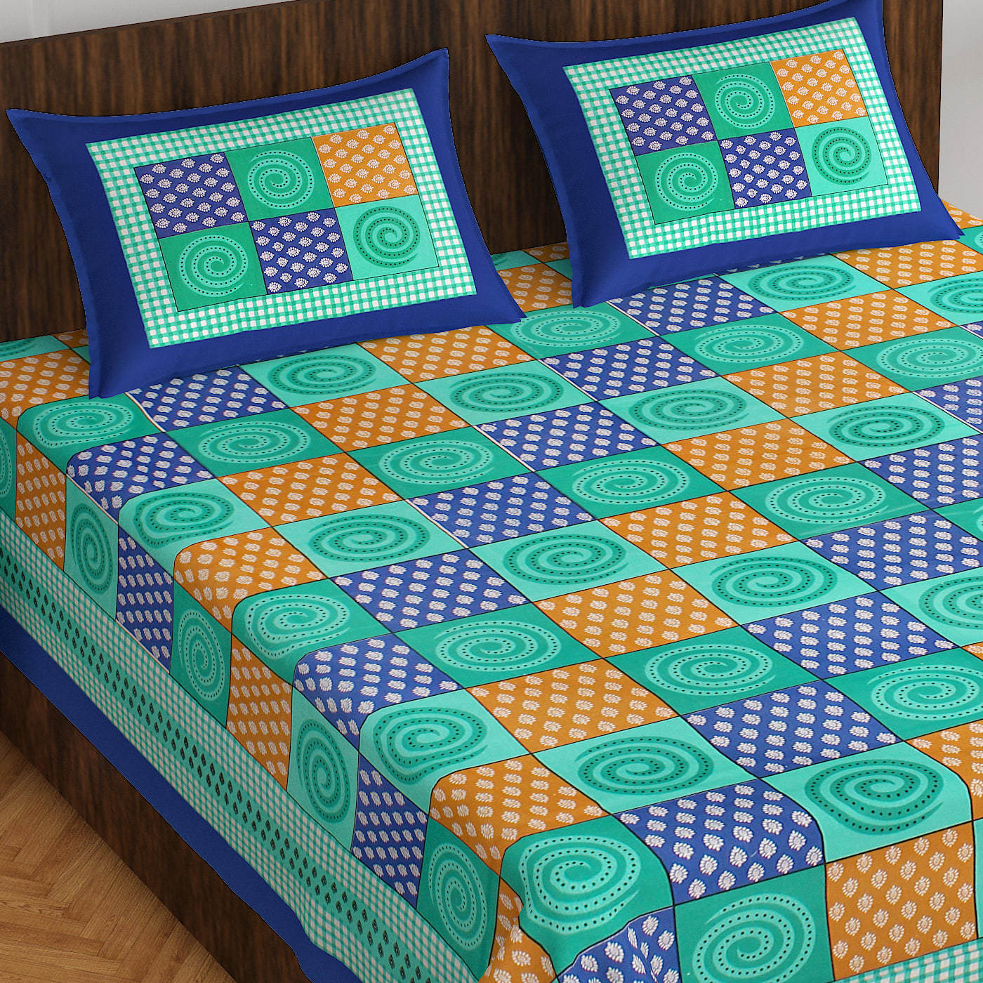 100% Cotton Printed Double Bedsheet (Blue)