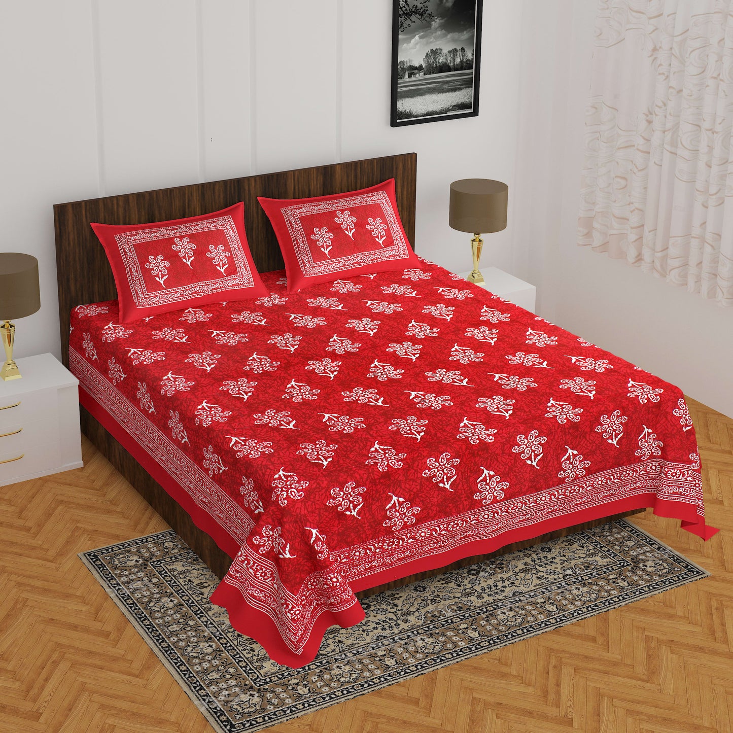 1 Jaipuri Traditional Double Bed Bedsheet with 2 Pillow Covers