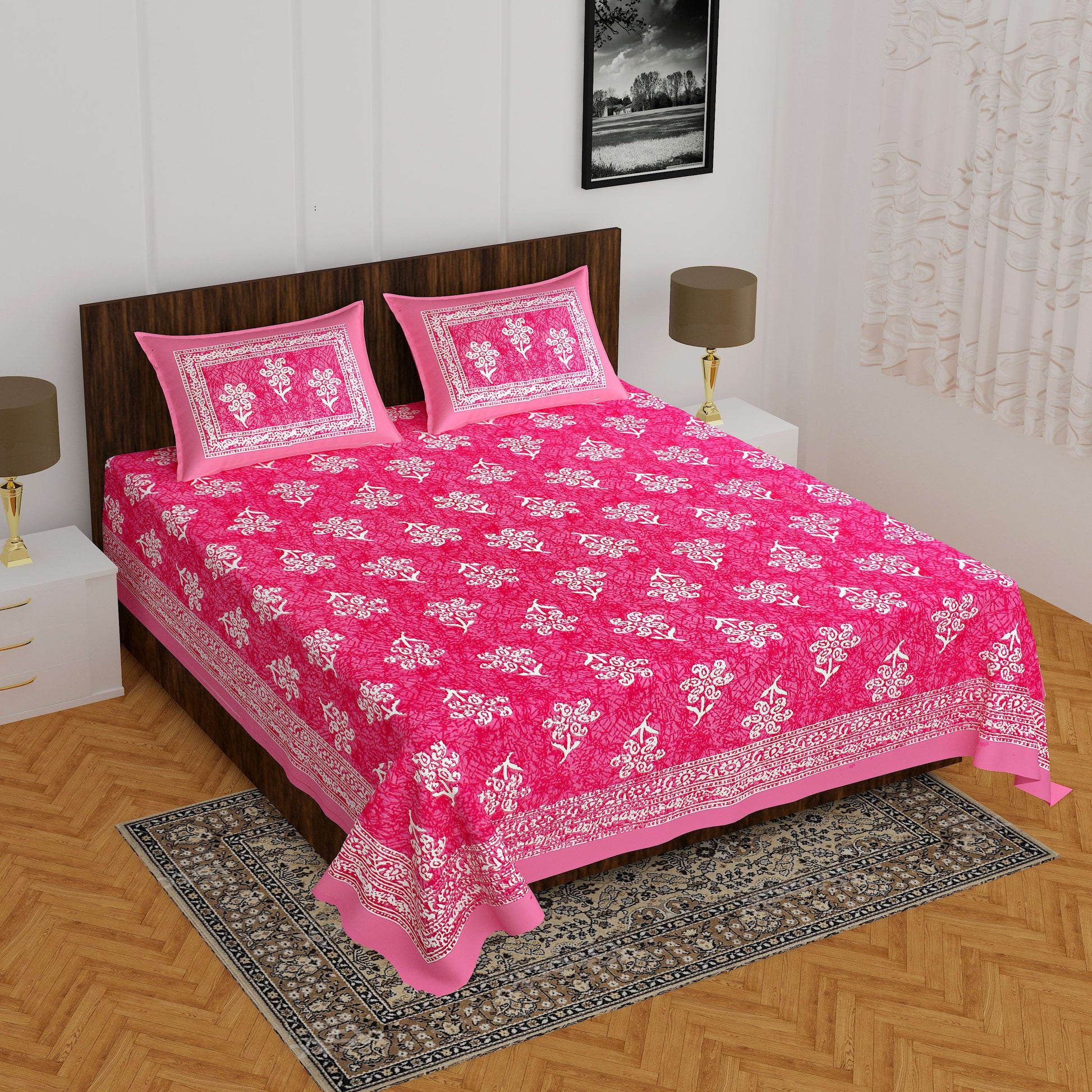 1 Jaipuri Traditional Double Bed Bedsheet with 2 Pillow Covers