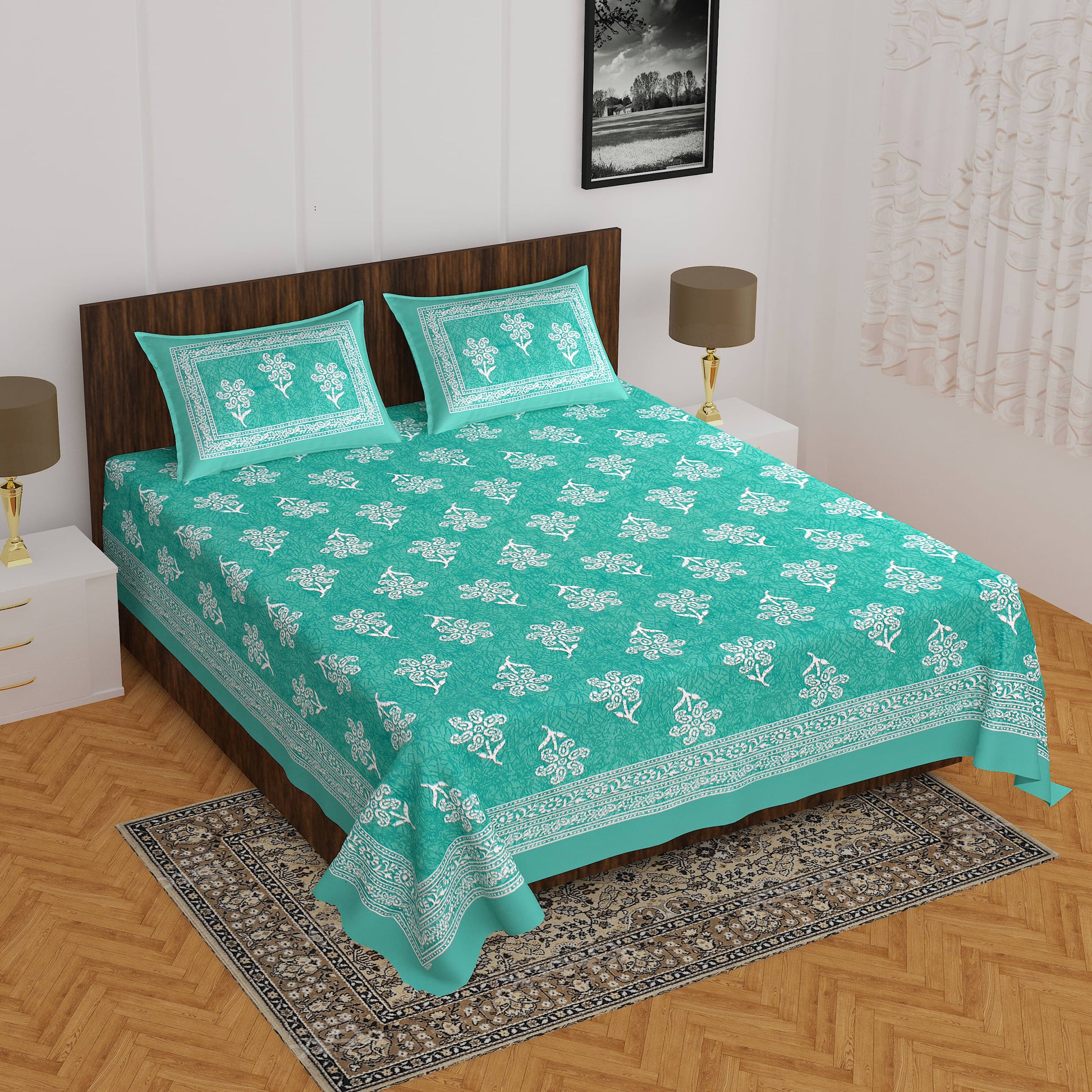 1 Jaipuri Traditional Double Bed Bedsheet with 2 Pillow Covers