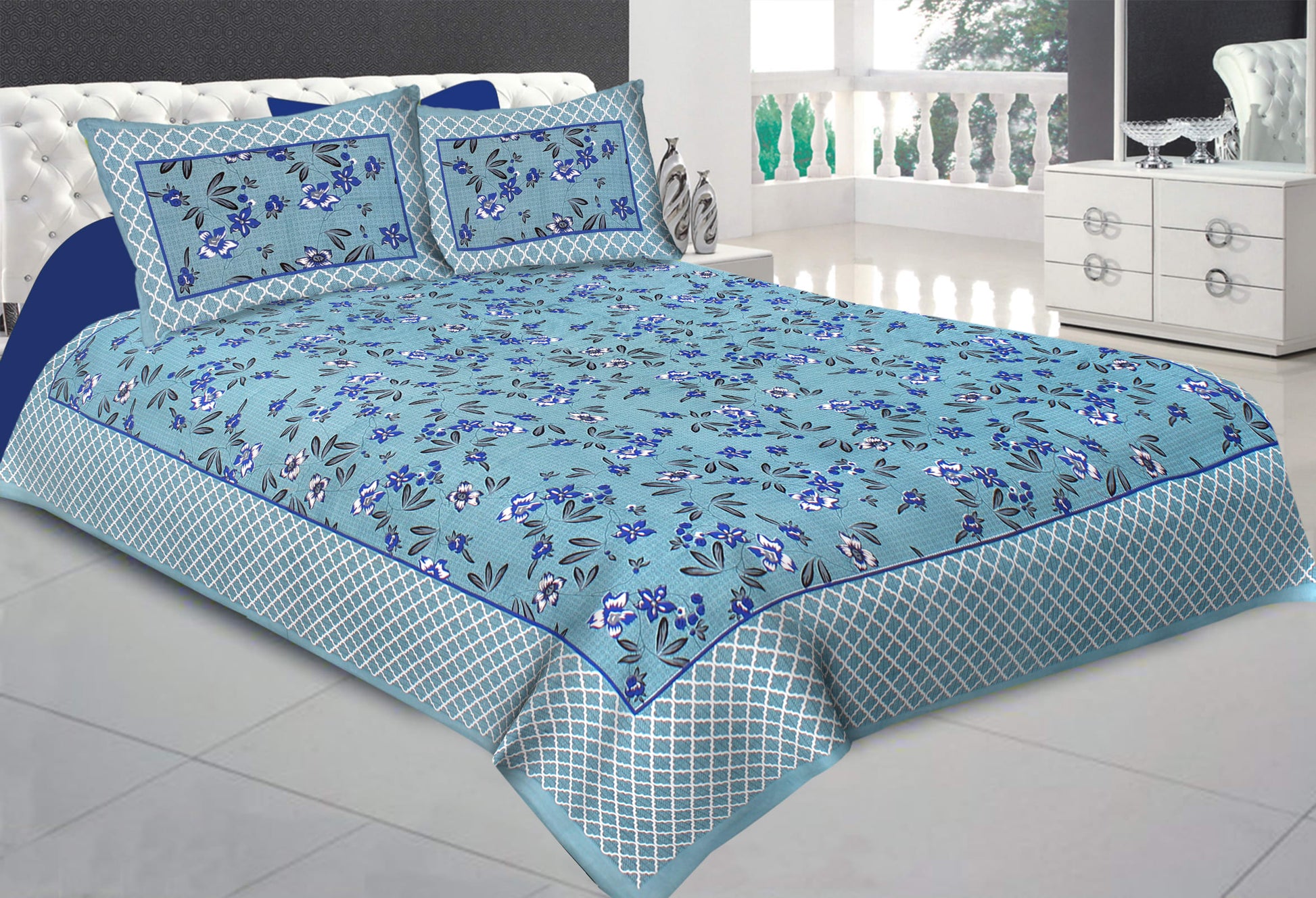 100% Cotton Floral Double Bedsheet (Grey)