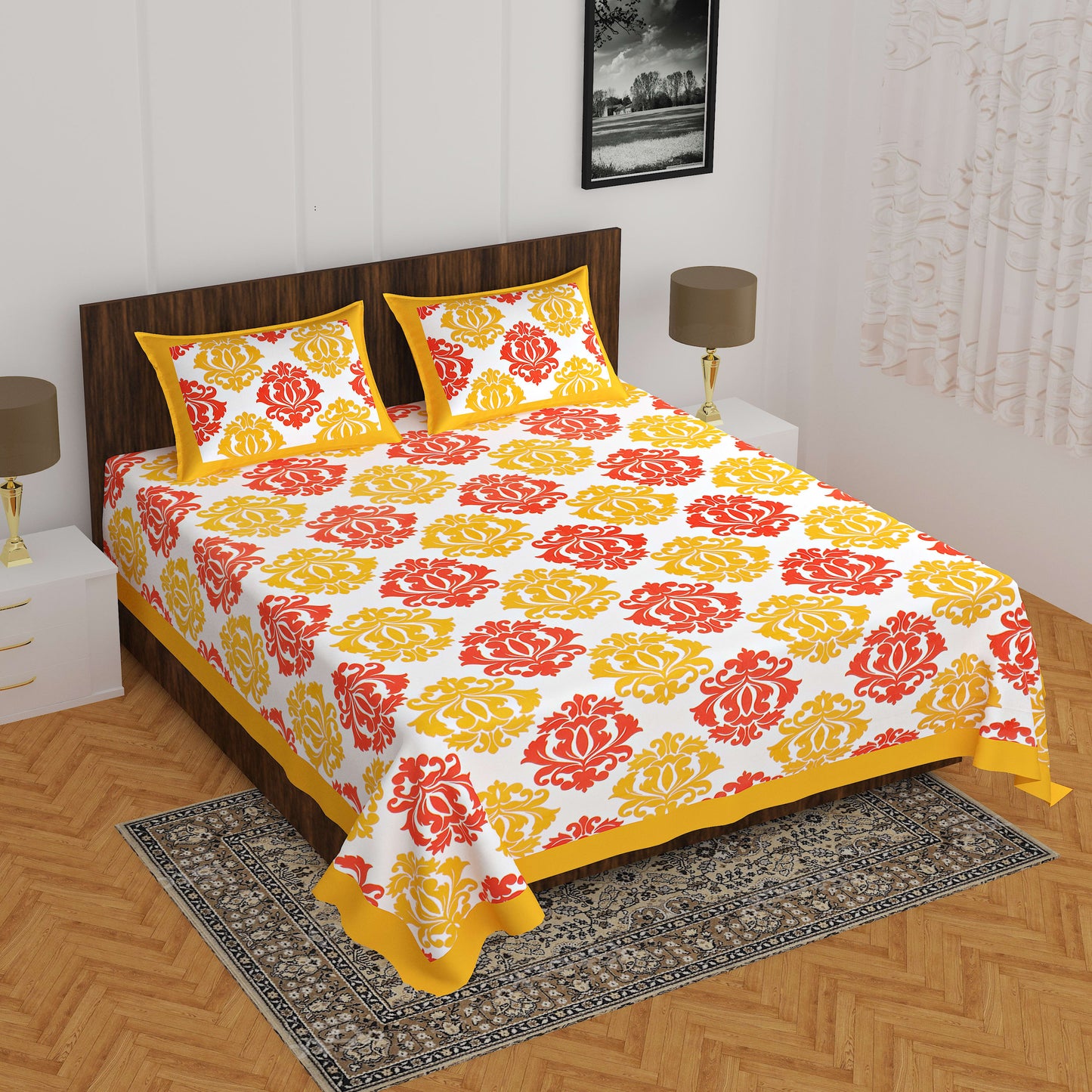 Jaipuri Prints Cotton Double Bedsheet (Yellow)