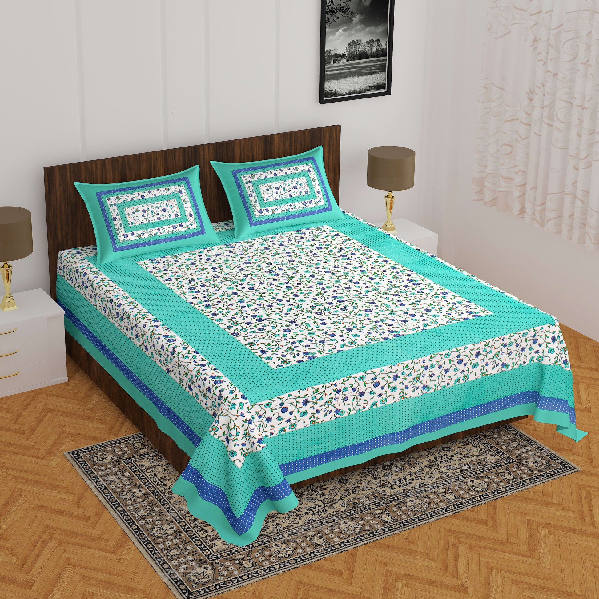 Jaipuri Prints Cotton Double Bedsheet (Green)