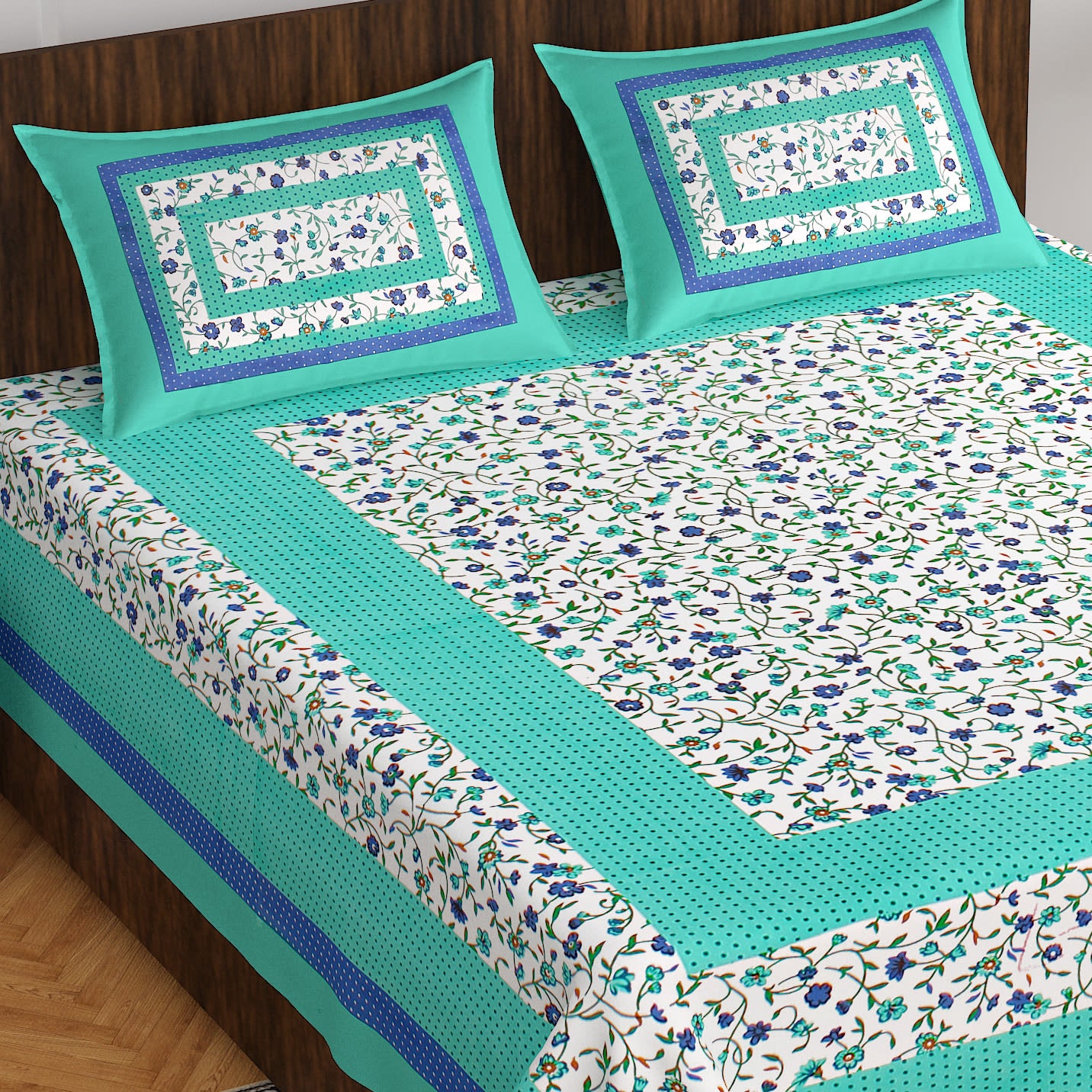 Jaipuri Prints Cotton Double Bedsheet (Green)
