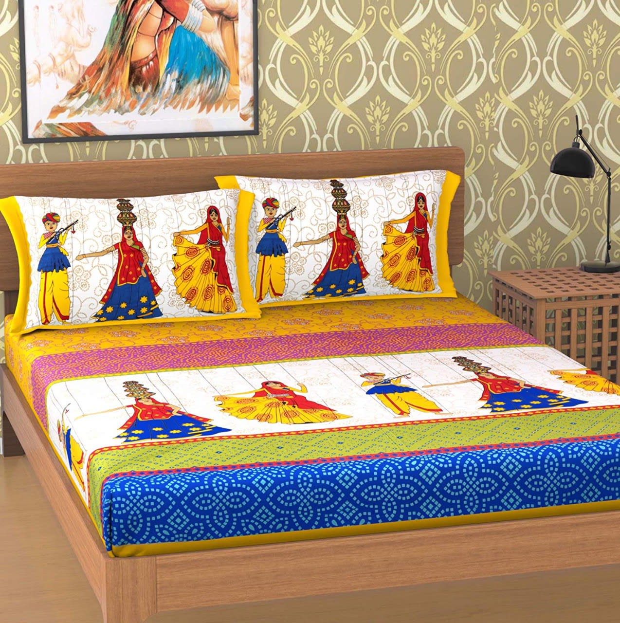 Cotton Printed Rajasthani Printed Double Bedsheet with 2 Pillow Covers (Yellow)