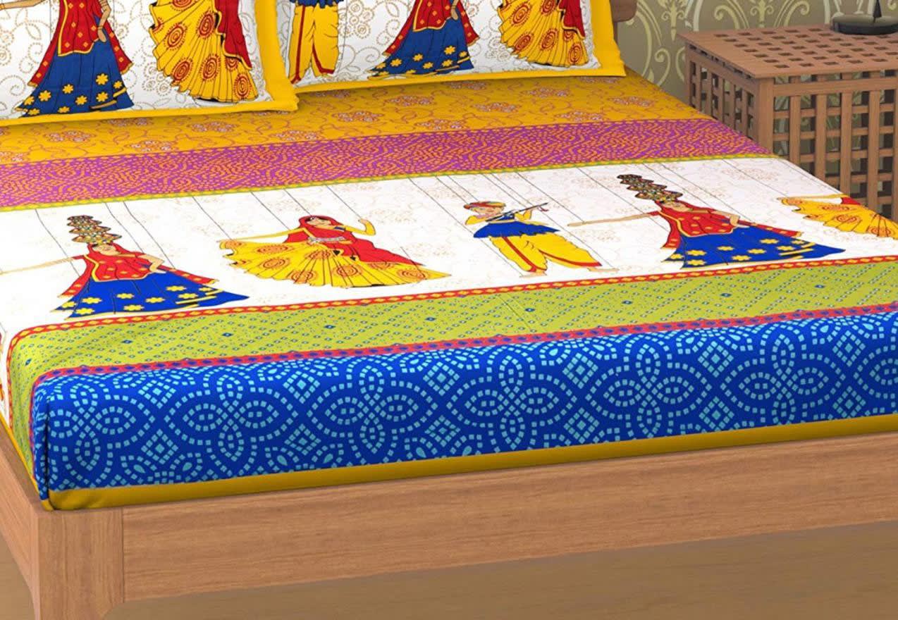 Cotton Printed Rajasthani Printed Double Bedsheet with 2 Pillow Covers (Yellow)