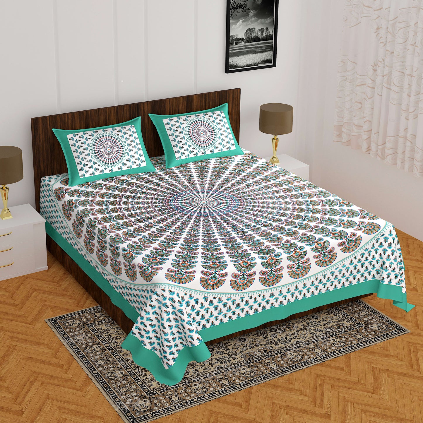 Jaipuri Prints Cotton Double Bedsheet (Green)