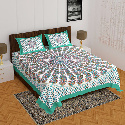 Jaipuri Prints Cotton Double Bedsheet (Green)