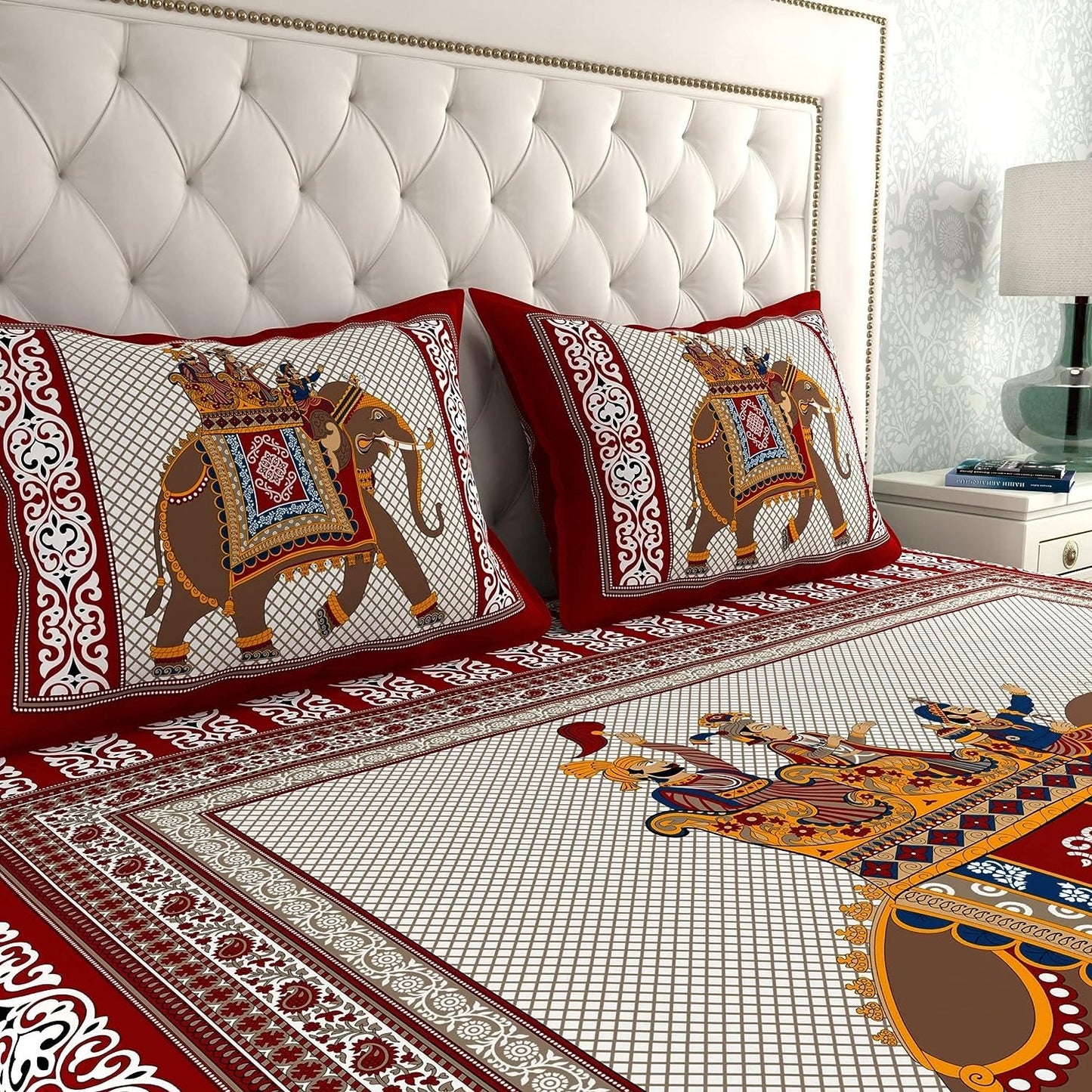 Rajasthani Jaipuri Traditional Double Bed Bedsheet with 2 Pillow Covers - ( Red)