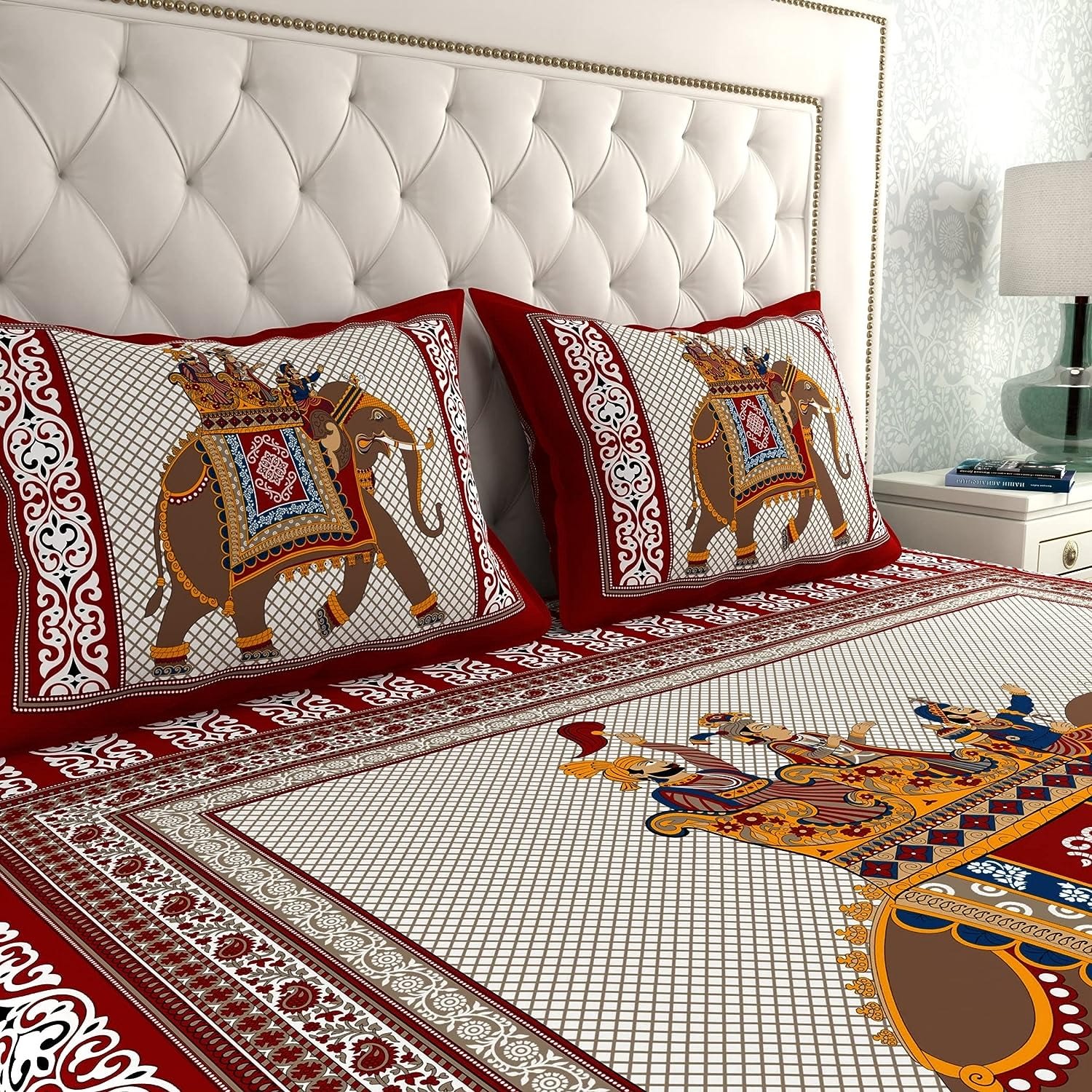 Rajasthani Jaipuri Traditional Double Bed Bedsheet with 2 Pillow Covers - ( Red)