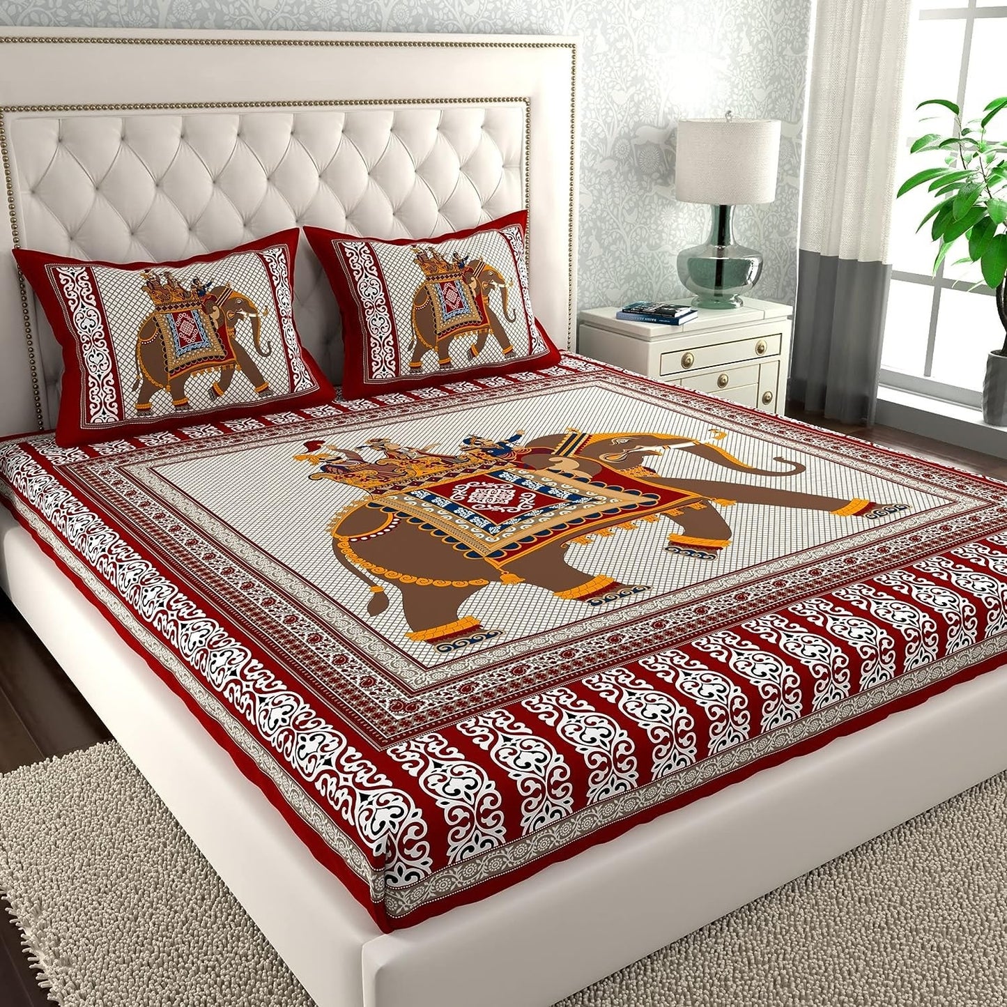 Rajasthani Jaipuri Traditional Double Bed Bedsheet with 2 Pillow Covers - ( Red)