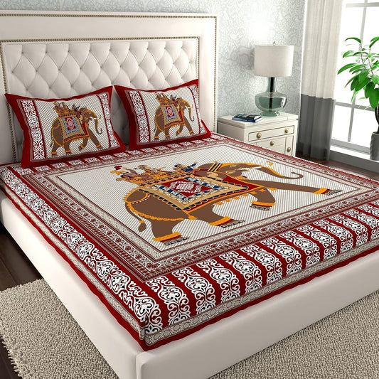 Rajasthani Jaipuri Traditional Double Bed Bedsheet with 2 Pillow Covers - ( Red)