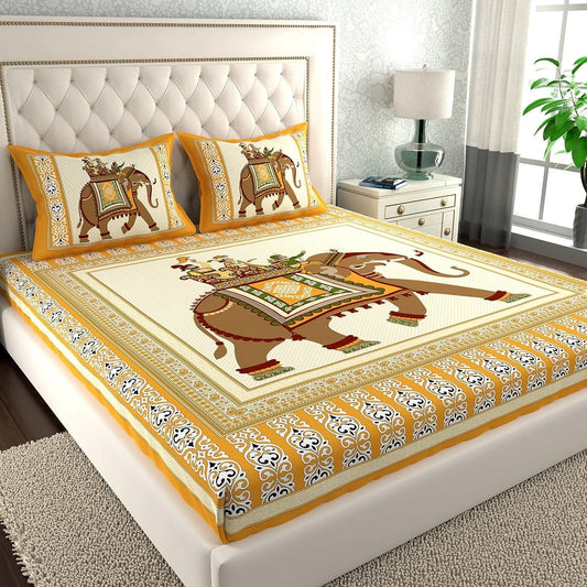 Rajasthani Jaipuri Traditional Double Bedsheet with 2 Pillow Covers - ( Yellow)
