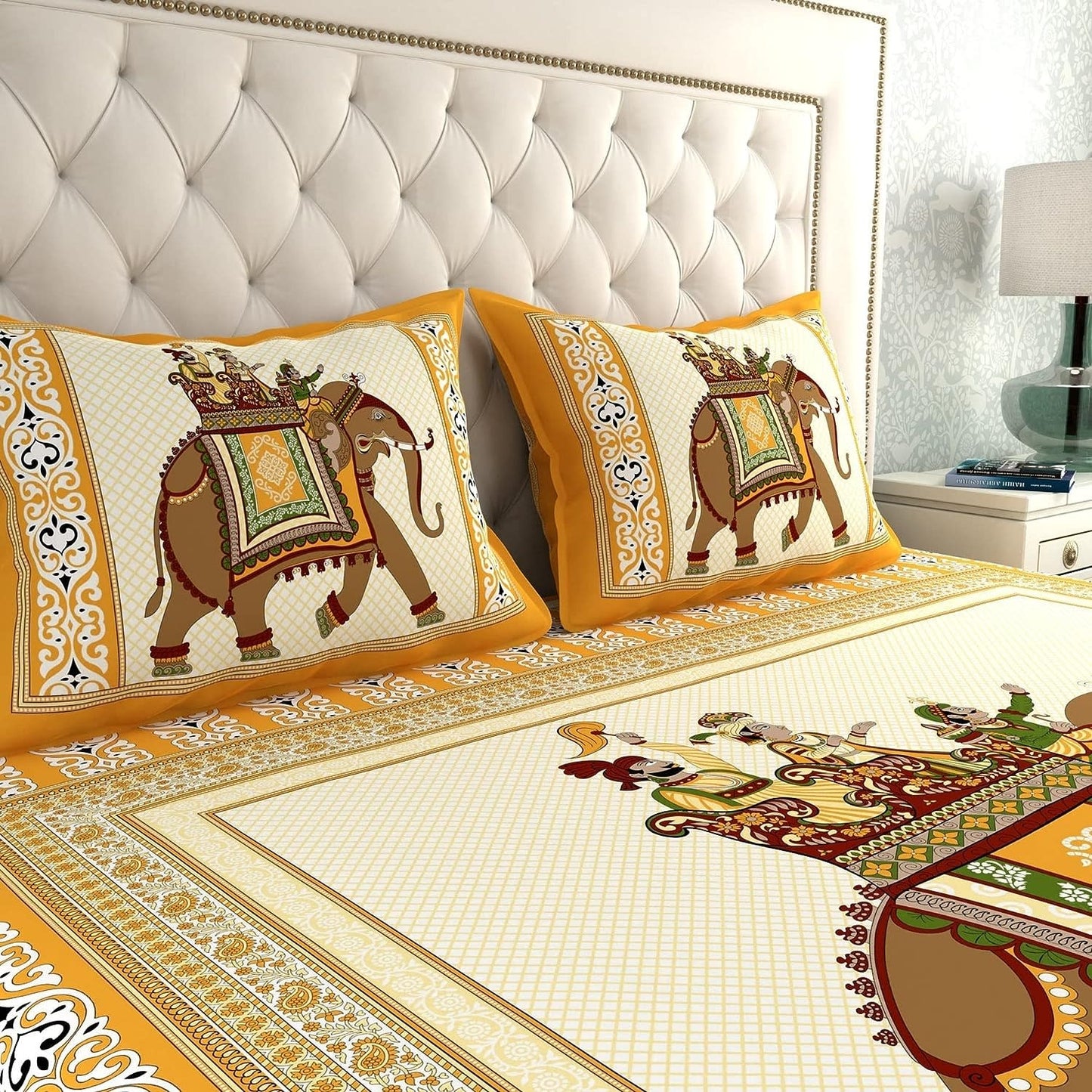 Rajasthani Jaipuri Traditional Double Bedsheet with 2 Pillow Covers - ( Yellow)
