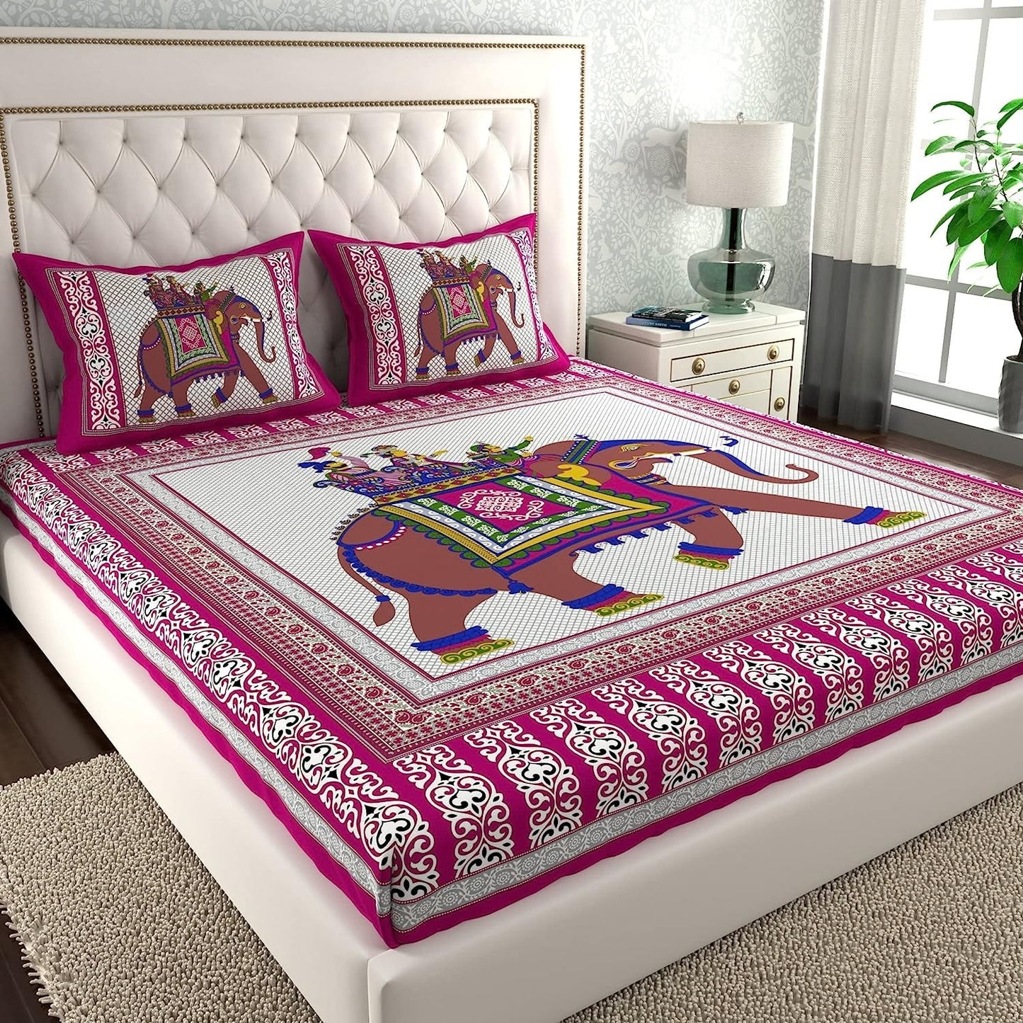 Rajasthani Jaipuri Traditional Double Bed Bedsheet with 2 Pillow Covers - ( Pink)