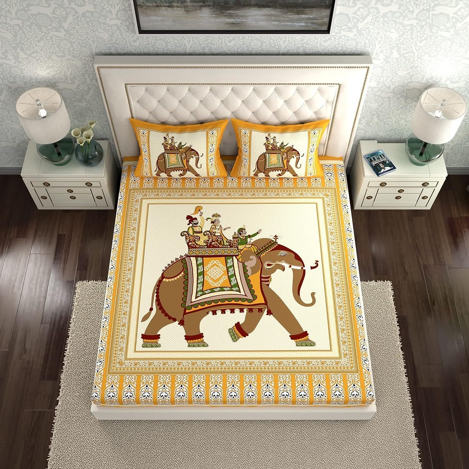 Rajasthani Jaipuri Traditional Double Bedsheet with 2 Pillow Covers - ( Yellow)