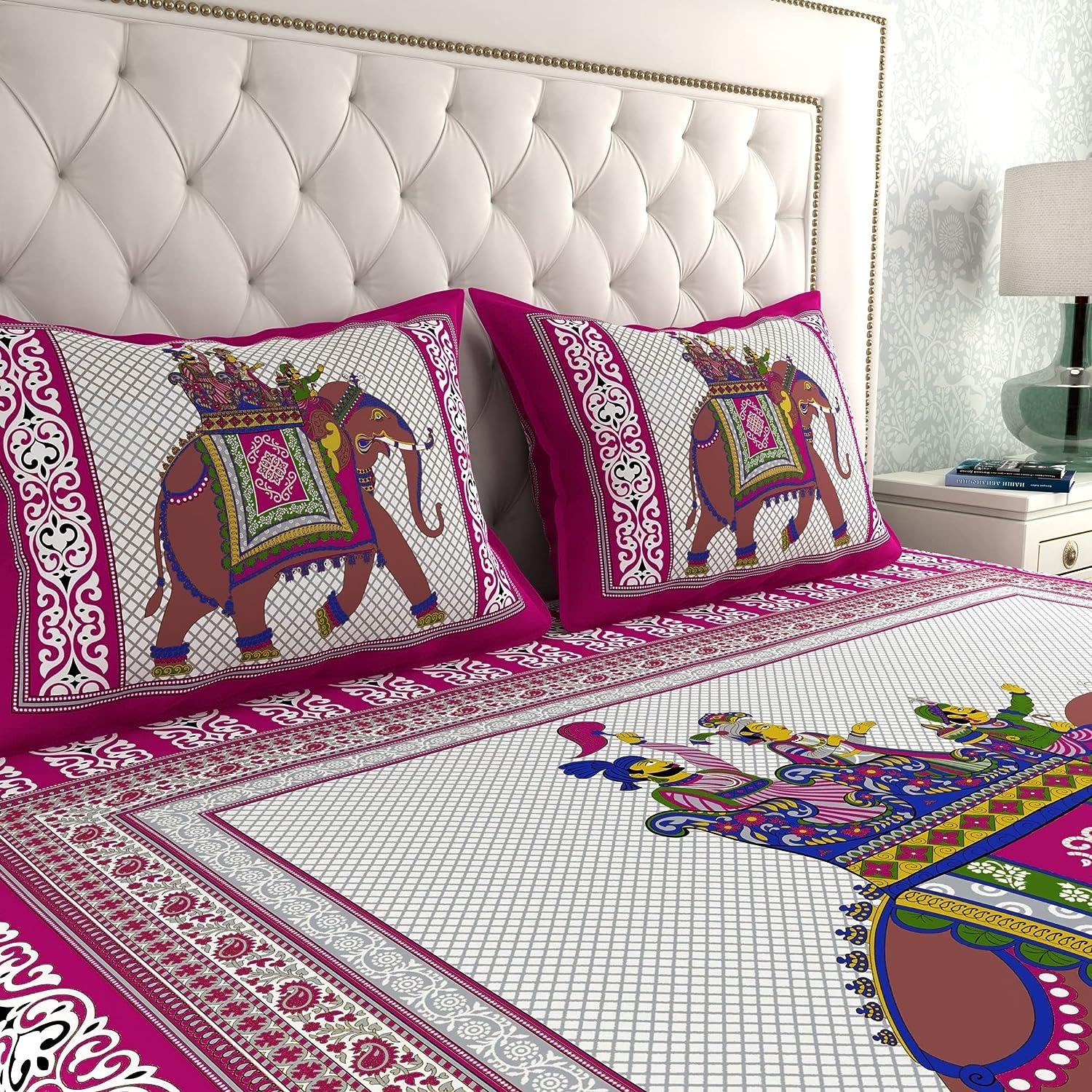 Rajasthani Jaipuri Traditional Double Bed Bedsheet with 2 Pillow Covers - ( Pink)