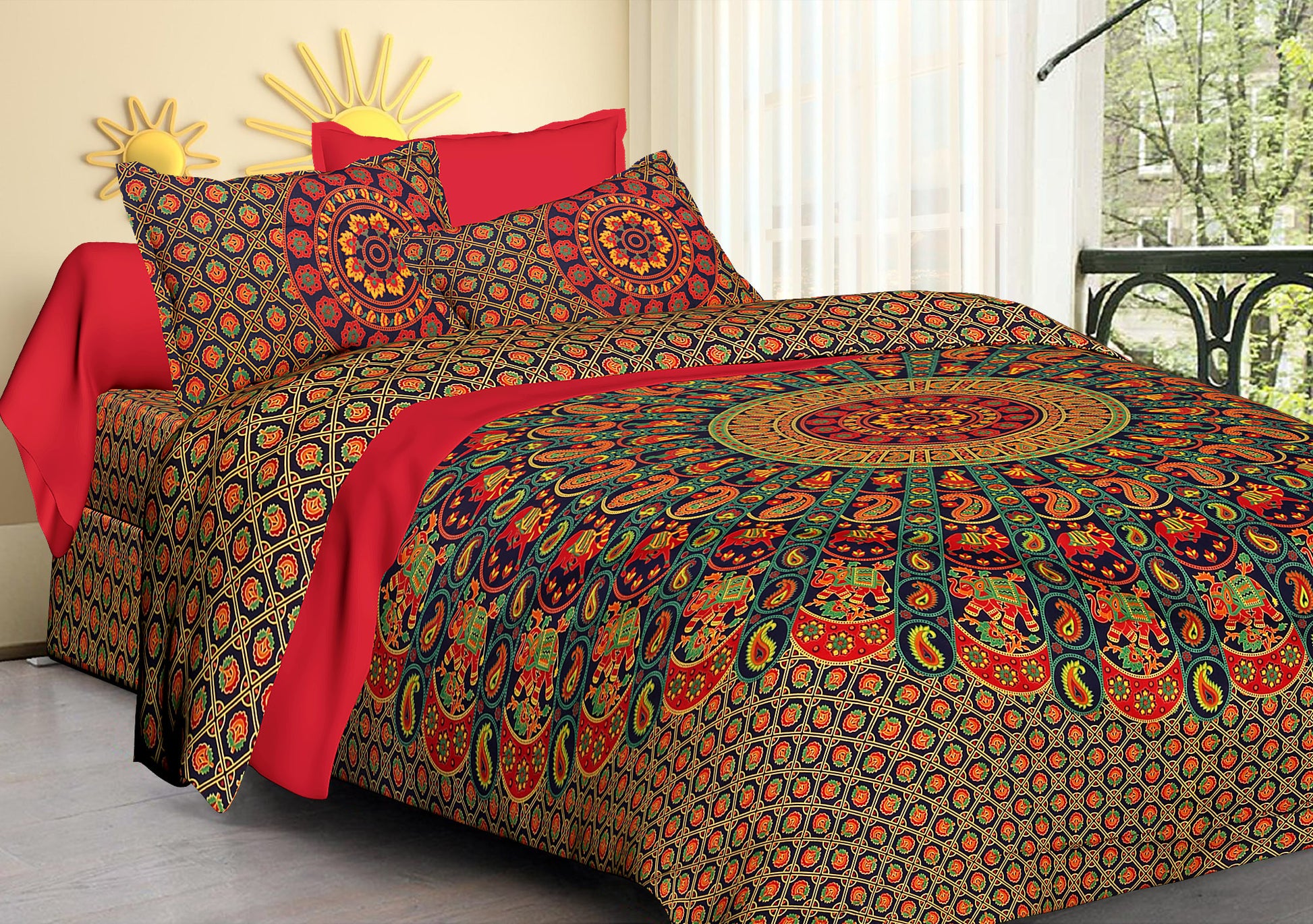 Jaipuri Prints Cotton 100% King Bedsheet (Blue)