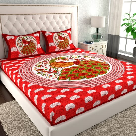 Rajasthani Jaipuri Traditional Double Bed Bedsheet with 2 Pillow Covers - ( Red)