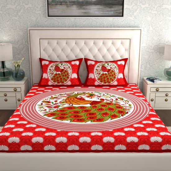 Rajasthani Jaipuri Traditional Double Bed Bedsheet with 2 Pillow Covers - ( Red)