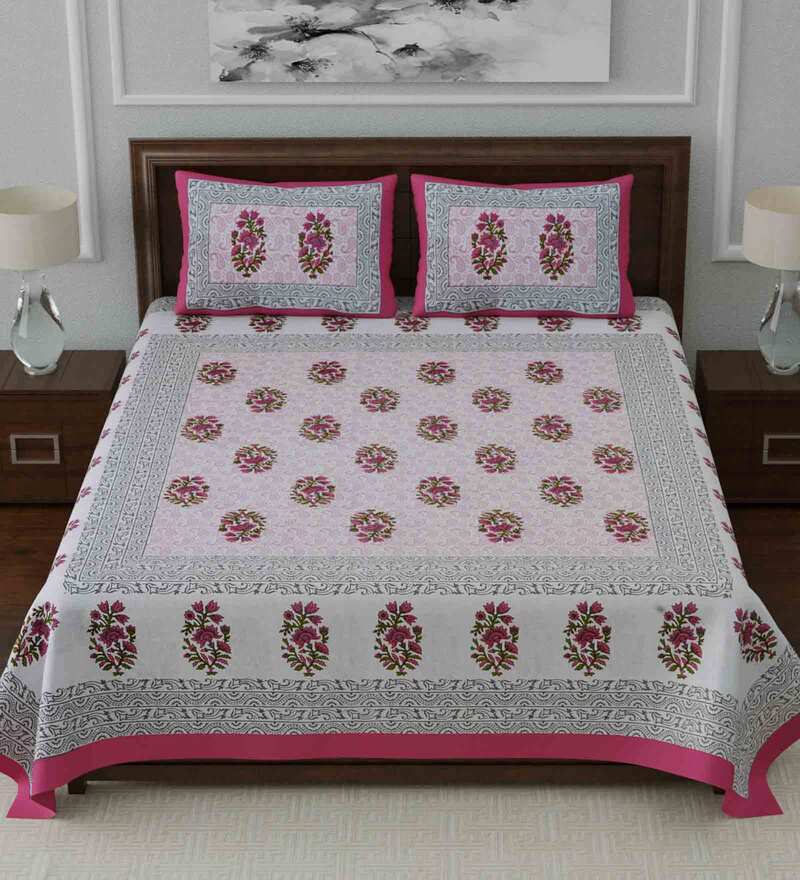 Jaipuri Prints Cotton Double Bedsheet (Pink)